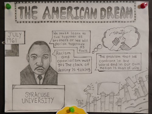 The title says in bold lettering "The American Dream." On the left is a pencil portrait of M.L.K. and the text "July 1961", "Syracuse University". M.L.K says "We must learn to live together as brothers or we will perish together as fools.", "Racism and colonialism must go: the clock of destiny is ticking."; on the right, the hands of activists hold up signs and a megaphone. M.L.K continues to say "The problem that we confront in the world and in our own nation is that of unity."; M.L.K has a thought bubble on the right side of the piece with an image of a white hand and a black hand gripping each other tightly with the word "Unity" above them.