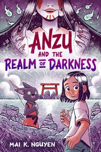 A young girl and a anthropomorphic dog stand before a lake, with a torii gate on the far side. A mysterious woman surrounded by spirit wisps looms above them, holding out her hands as though grabbing ahold of the title: "Anzu and the Realm of Darkness"